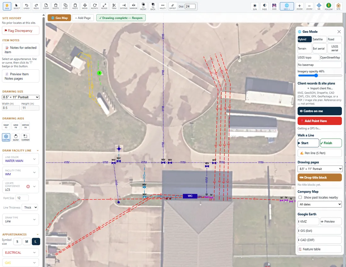 The DPS360 Pro drawing tool: a full toolbar along the top, facility lines, symbols and drawing tools on the left, the Geo Mode panel on the right, and water, electric and gas lines drawn over an aerial photo
