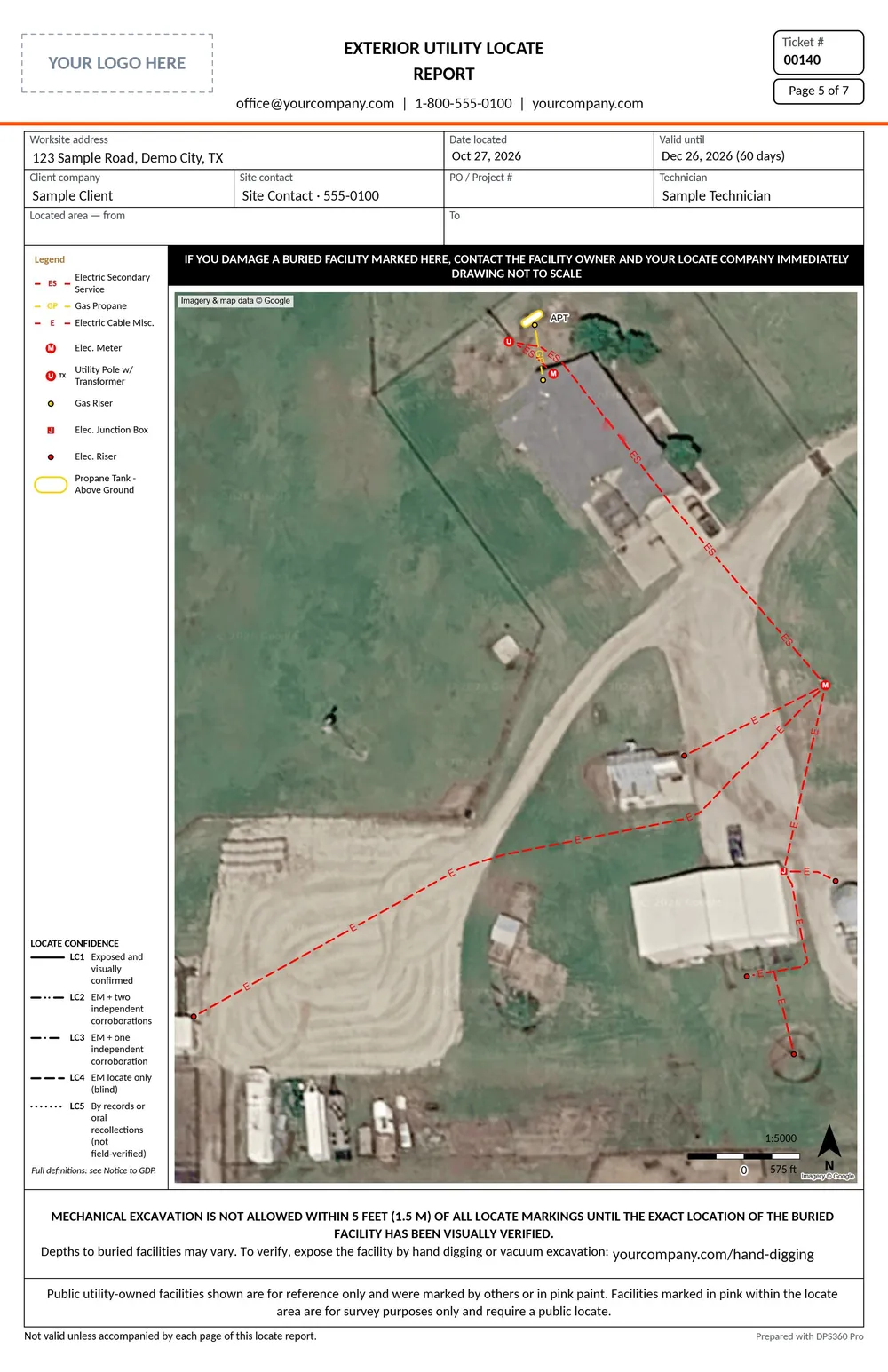 Drawing page: electric and gas lines marked on an aerial photo, with a legend of symbols and the locate confidence key
